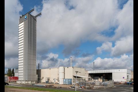 The 35-metre high test tower at Svanehøj's pump factory in Aalborg, Denmark.